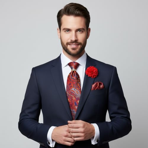 Image of 5PCS Mens Premium Silk Tie, Pocket Square, Cufflinks, Drilled Tie Ring and Lapel Pin Set for Wedding Groom Party