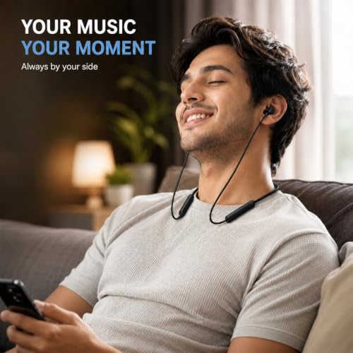 Image of Kratos Black Bluetooth Neckband with 55H Playtime, Deep Bass, Stereo Sound, HD Calls, Magnetic Earbuds, Voice Assistant, Type-C Fast Charging, Rich Audio, Hollow Switch for Comfort & Style
