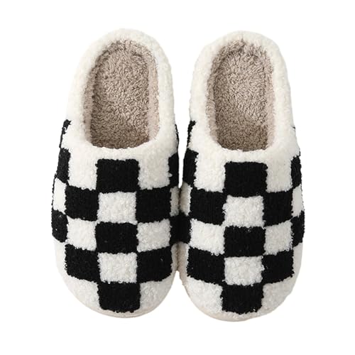 House Slippers for Women Men Plush Warm Fuzzy Plaid Slippers Unisex Memory Foam Slip on Checkered Shoes