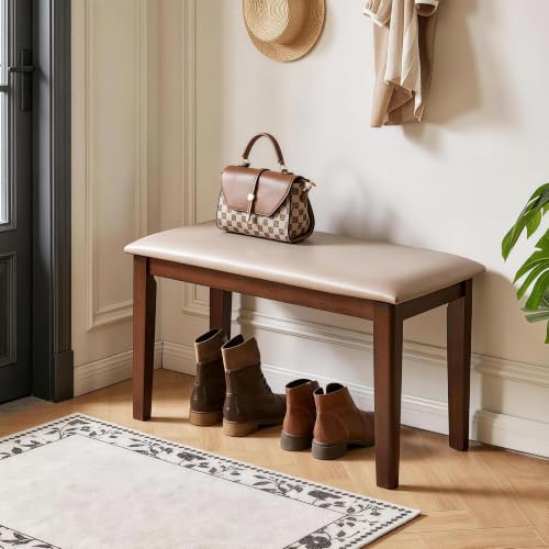 31.1”Leather-Upholstered Shoe Bench, Solid Wood Entryway Bench | Farmhouse Style Cushioned Bench, Dining Stool for Living Room, Bedroom, Hallway