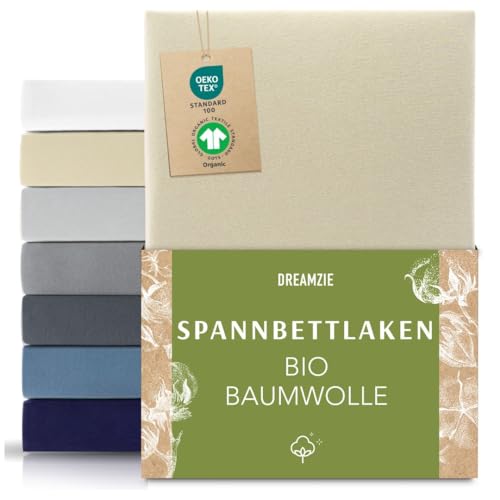Dreamzie Premium Spannbettlaken 80x200 cm Beige, Spannbetttuch aus 100% Jersey Biobaumwolle, 150 g/m² - Oeko-TEX
