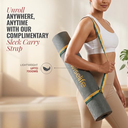 Image of WiseLife TRUE Body Alignment Yoga Mat + Sleek Yoga Strap for Men and Women | Non-Slip Textured Extra Wide & Thick | Pro Balance Eco-TPE Exercise Mat For Home, Pilates, Gym & Fitness (6mm, Grey)