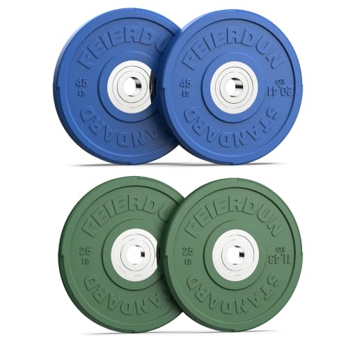Image of FEIERDUN Color Bumper Plate Set, 2-Inch Olympic Weight Plates, Low Bounce Rubber Barbell Plates with Stainless Steel Insert for Weightlifting, Strength Training, CrossFit & Home Gym, 10LB-370LB
