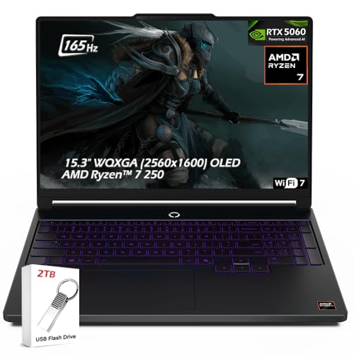 Image of Lenovo Legion 5a 15.3 inch Gaming Laptop AMD Ryzen 7 250, RTX 5060, 32GB DDR5 RAM 2TB SSD, 15.3 inch WQXGA (2560x1600) OLED 165Hz, Backlit KB, Wi-Fi7, Win11, Eclipse Black, w /2TB USB Drive, W /GaLiMu