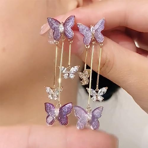 Purple Butterfly Tassel Style Zircon Earrings for Women Crystal Rhinestone Drop Earrings Long Butterfly Dangle Earrings Wedding Jewelry Gifts for Women2