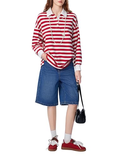 CIDER Women's Striped Polo Sweatshirt Long Sleeve Y2k Rugby Shirts Casual Oversized Pullover Vintage Fall Streetwear2