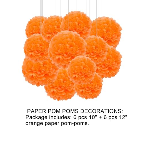 Image of Aimto 12pcs Orange Paper Pom Poms Decorations for Party Ceiling Wall Hanging Tissue Flowers Decorations - 1 Color of 12 Inch, 10 Inch