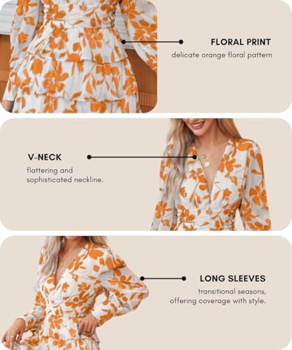 Image of Leriya Fashion Women's V-Neck Floral Print Ruffle Long Sleeve A-Line Mini Dress | Elegant Casual Party Outfit | Lightweight Layered Summer Wear