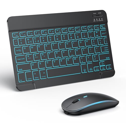 TECURS Bluetooth Keyboard and Mouse Set for iPad Rechargeable QWERTY UK Layout 7-Color Backlit Wireless Keyboard Mouse for Mac/IOS/Windows/Android Black