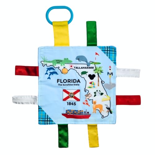 Image of Baby Jack & Co 8x8” Learning Lovey Florida State Tag Stroller Toy for Babies - Crinkle Toys for Developing Five Senses - Learn About Capitals - Travel with Baby Jack - BPA Free Clip