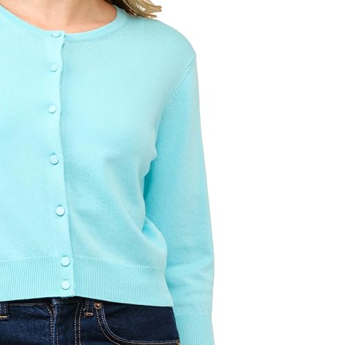 Image of Women's Cropped Cardigan 3 /4 Sleeve Crewneck Button Up Sweater Knit Top (S~XL)