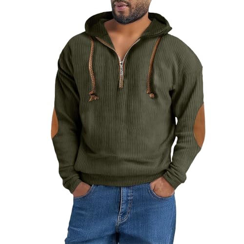Mens Casual Corduroy Hoodies 1/4 Button/Zipper Outdoor Travel Long Sleeve Fall Pullover Sweatshirt with Elbow Patches2