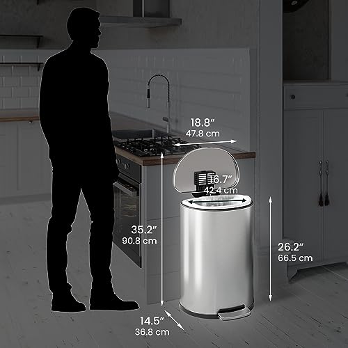 Image of iTouchless 13.2 Gallon Step Trash Can with Odor Control System Stainless Steel, Semi-Round, 50 Liter Garbage Bin for Kitchen, Office, Home-Silent and Gentle Open /Close, Space Saving, SoftStep 13 Gal