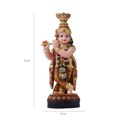 Newven PolyMarble Guruvayoor Krishna Idol | Decorative Hindu God Statue | Kanhaji Murti Showpiece | Figurine Home Decor | Craft Gifts for House Warming for Living Room, Temple, Brown Idol, 34X13X10CM