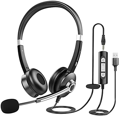 USB Computer Headset with Microphone for Laptop PC,3.5mm Wired Stereo Call Center Headset with Microphone Noise Cancelling, Corded Desktop Headphones with Mic & Mute for Office/Telework/Home/Kids/Zoom