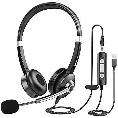 USB Headset With Microphone For Laptop, PC Headphones With Mic Noise Cancelling, Computer Headsets With In-Line Volume Control & Mute, Stereo 3.5mm Jack Super Clarity For Buisness Office Skype Zoom Cover