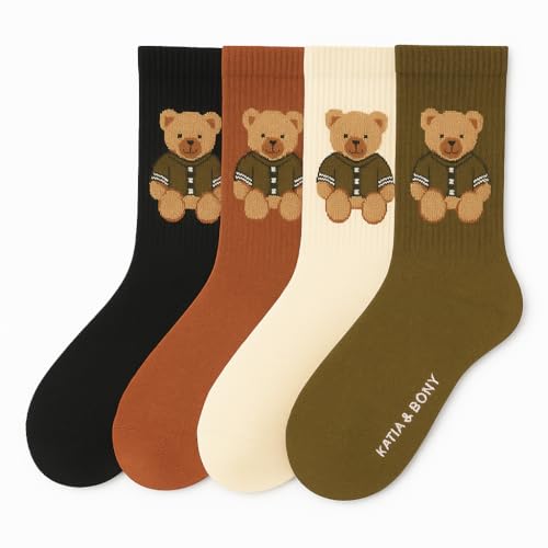 Cute Teddy Bear Crew Socks for Women and Men - Cozy Thick Winter Socks - Soft Breathable Cotton - 4 Pairs Set - Black Rust Cream Olive Colors - Comfortable Casual Warm Gift Idea for Christmas
