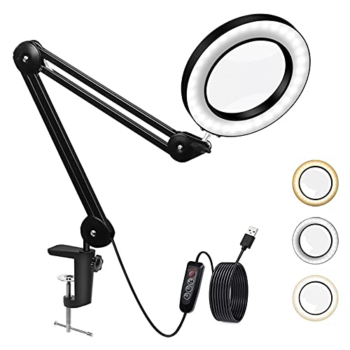 Magnifying Glass LED Light Toolour 5X Magnifier Desk Lamp with Clamp, 3 Light Colors 10 Brightness Stepless Dimming, Adjustable Swing Arms Hobby Lamp with Magnifier for Close Work Craft Reading Hobby