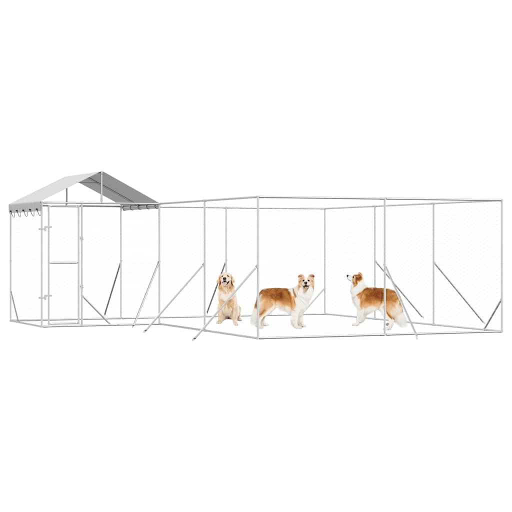 Perrera para perros al aire libre con techo de acero galvanizado plateado, 6 x 6 x 2,5 m, gran caño con puerta, protección de seguridad, recinto para perros, cachorros, entrenamiento, jardín