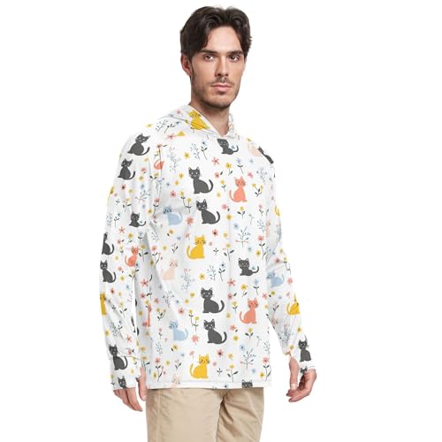 Cartoon Sweet Cat White Men's Sun Protection Hoodies Long Sleeve Clothing Hood Shirts UPF 50+ Farmer Shirt S2