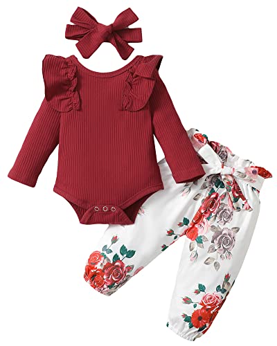 Image of Newborn Baby Girl Clothes Infant Girls Outfits Ruffle Sleeve Romper Bodysuit Floral Pants Toddler Baby Girl Outfits