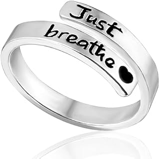Just Breathe Ring for Women, 0.79in in Diameter Hope Rings Adjustable Silver Inspirational Rings Encouraging Heart Healing Rings Positive Wrap Open Metal Carved Rings Jewelry Gift