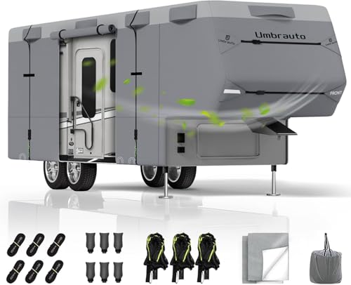 Umbrauto 5th Wheel RV Cover 28-31ft 7 Layers Top Extra-Thick Fifth Wheel Cover Waterproof Windproof Anti-UV Rip-Stop Toy Hauler Camper Cover with 2 Pcs Extra Straps 6 Gutter Covers