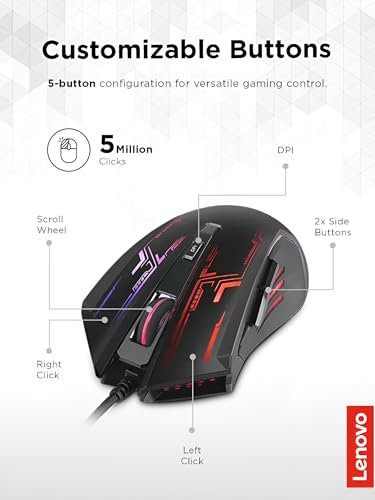 Image of Lenovo Legion M200 RGB Gaming Wired USB Mouse, Ambidextrous, 6-Buttons, Upto 2400 DPI with 4 Levels DPI Switch, Multicolor-Colour RGB Backlight (GX30P93886)