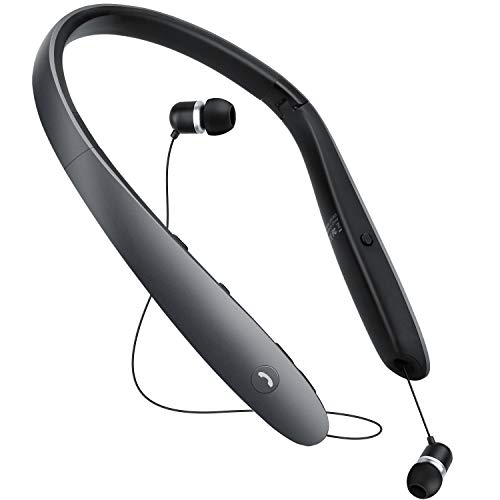 Bluetooth Headphones,Retractable Earbuds Neckband Foldable,Neck Wireless Bluetooth Headset Sweatproof Sports Noise Cancelling Microphone HD Stereo ,Voice Command Assistant-Titanium Black