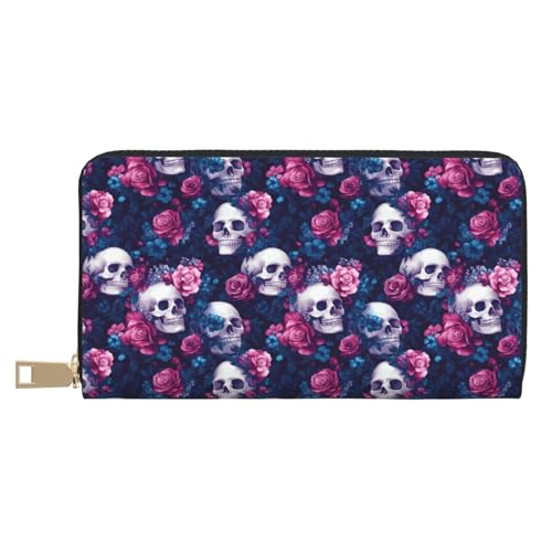 Wallet Women - Rose Skull Print Leather Wallet Large Capacity Bifold Long Ladies Wallets With Zipper