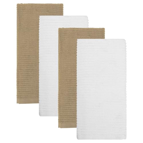 Image of Kitchen Hand Towels Set of 4 Cotton Ribbed Taupe and White Hand Towels, 18 x 28 Super Absorbent Drying Cloth Kitchen Linens