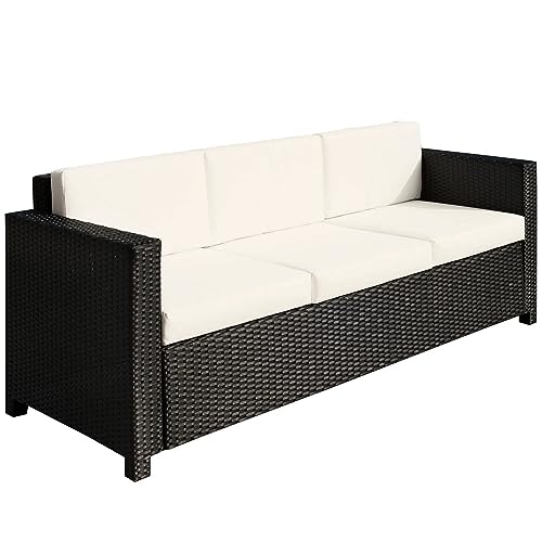 Image of Outsunny 3 Seater Rattan Sofa with 10 cm Thick Padded Cushion, All-Weather PE Wicker Weave Garden Three-seater Bench with Armrests, Black