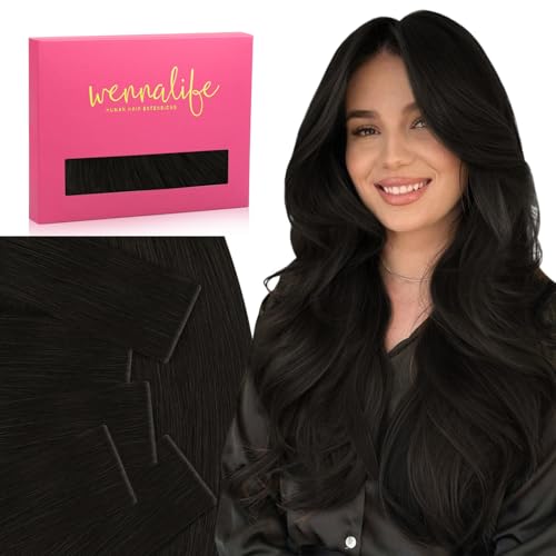Image of WENNALIFE Invisi Edge Tape in Hair Extensions Human Hair,#1B,22 Inch | 22 Inch 30g 10pcs Natural Black Invisi Remy Hair tensions Natural Seamless Injected Tape Straight tensiones