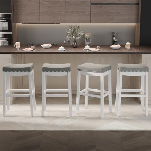 Xilingol 001 Bar Height Backless Saddle Barstools, Set Of 2 - Upholstered, With Rivet Detail And Solid Wood Legs thumb #2