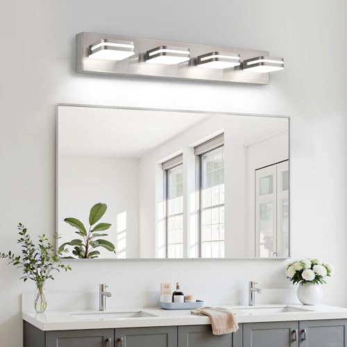 Image of Torondo 360 Rotate LED Bathroom Vanity Light Fixtures, Acrylic Vanity Lights for Bathroom, Modern Wall Lighting Fixtures Over Mirror Living, Brushed Nickel, 100%-0% Natural White, 4-Light, 27-Inch