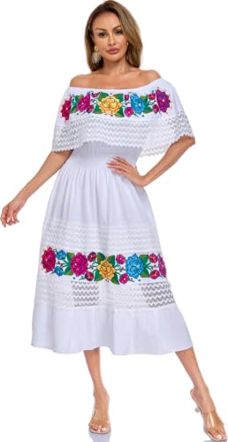 Image of YZXDORWJ Women Embroidered Mexican Peasant Casual Sexy Lace Off-Shoulder Long Dress
