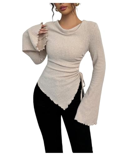 OYOANGLE Women's Ribbed Knit T Shirts Bell Sleeve Cowl Neck Drawstring Tee Elegant Asymmetrical Tops