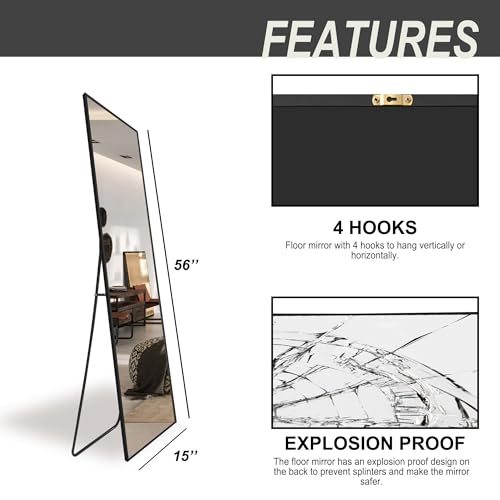 Delma-Wall-Mirror-Full-Length-MirrorStanding-Mirror-Full-BodyLarge-Floor-Mirror-for-Wall-Door-Bedroom-Bathroom-Living-Room-with-Aluminium-Framewith-Stand56x15-Black