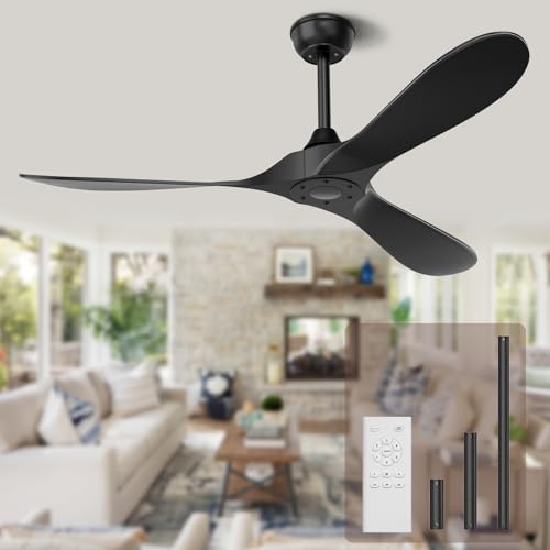 Image of Obabala Black Ceiling Fan No Light with Romote, 52 inch Outdoor Fans for Patios /Porch /Bedroom /Kitchen, Noiseless, 3 Downrods, 6 Speed, Reversible DC Motor, Modern, 3 Blades, Timer