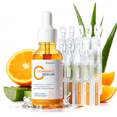 Vitamin C Serum for Face, 20% Natural Vitamin C Facial Serum with Sodium Hyaluronat Vitamin E, Anti Aging & Wrinkle Face Serum for Dark Spots & Fine Lines, All Type Skin Care 1 fl.oz+0.05 fl.oz x 10e