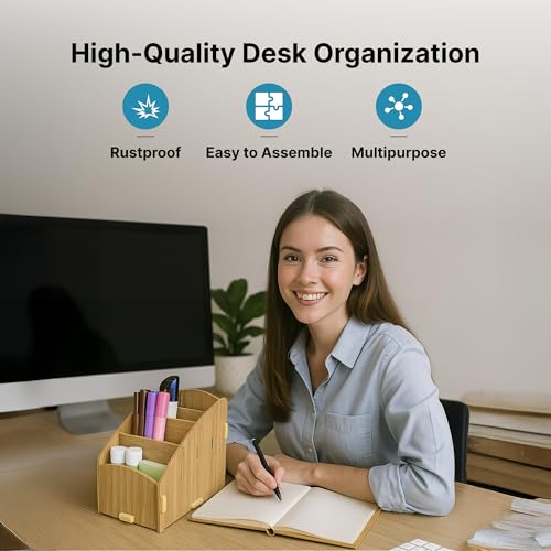 Image of The Better Home 4 Compartment Pen Stand for Office | MDF Wood Rack | Aesthetic Stationery Stand for Office Table Accessories | 11.8x18.7x14.2cm | Burlywood | 1 Pack