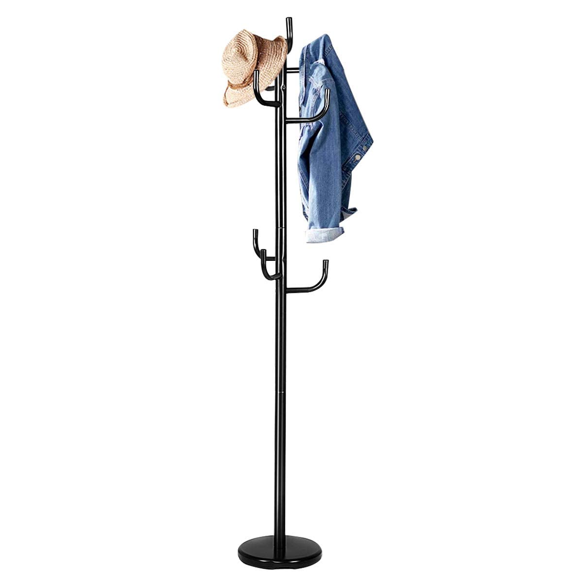 RELAX4LIFE Appendiabiti da Terra, Attaccapanni in Metallo con 8 Ganci per Vestiti, Borse e Cappello, Appendiabiti da Pavimento con Base Stabile per Salone, Ufficio e Negozio, Nero (30x175cm(ØxA))