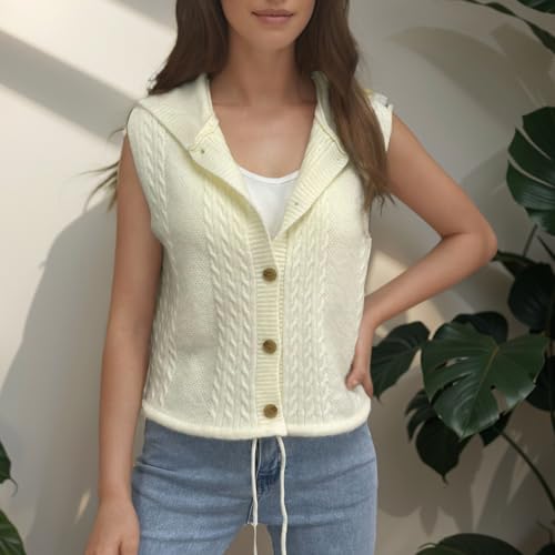 Image of Velius Women Knit Button Down Drawstring Sweater Vest Crop Top with Hood