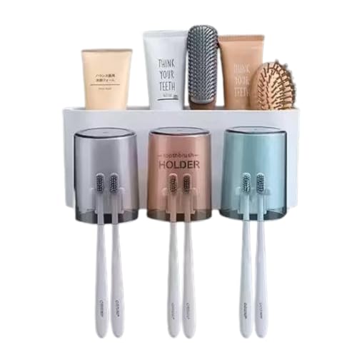 Image of Wall Mounted Toothbrush Holder | Bathroom Toothbrush Organizer with Magnetic Mouthwash Cups | Multi-Compartment, Dustproof & BPA-Free Brush Holder for Bathroom Storage 3 Section (3 Cup)