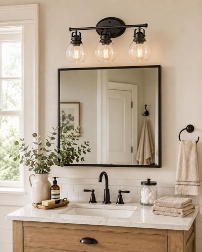 Image of 3-Light Farmhouse Bathroom Vanity Light Over Mirror | Oil Rubbed Bronze Vanity Lighting Fixture with Globe Clear Glass, Metal Frame, Wall Mounted, AD-2148-3W
