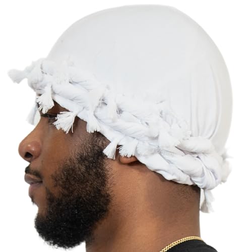 Image of Superior Halo Turban Silk Satin Lined Head Wrap, Pre-Tied Tassel Turban for Men & Women, Turban Durag Wave Cap (White)