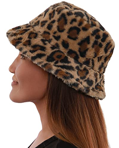 Bucket Hats Fuzzy Leopard Print Women Men Plush Cap Warm Soft Fisherman Hat Adjustable Winter Spring Hiking (Brown Leopard)