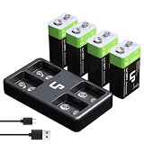 LP 9V Rechargeable Lithium Batteries, 4 Pack 500mAh 9V Battery with Micro USB Charging Station, 9 Volt Long Lasting Rechargeable Battery for Smoke Detector, Electronics & Audio and More