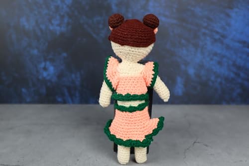 Image of Sutra Handmade Crochet Doll in Peach & Green Dress | Wool Amigurumi Soft Toy | Handmade Gift for Kids, Nursery & Home Decor