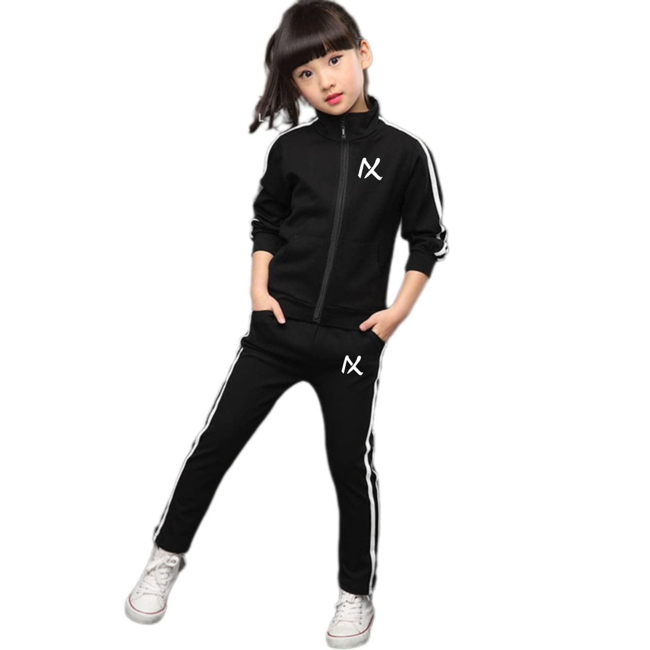 Generic2 Pcs Kids Sports Set Boys and Girls Clothing Set Unisex Activewear Zipper Jacket and Trouser Stretchable Sports Suit (12 Years, Black)